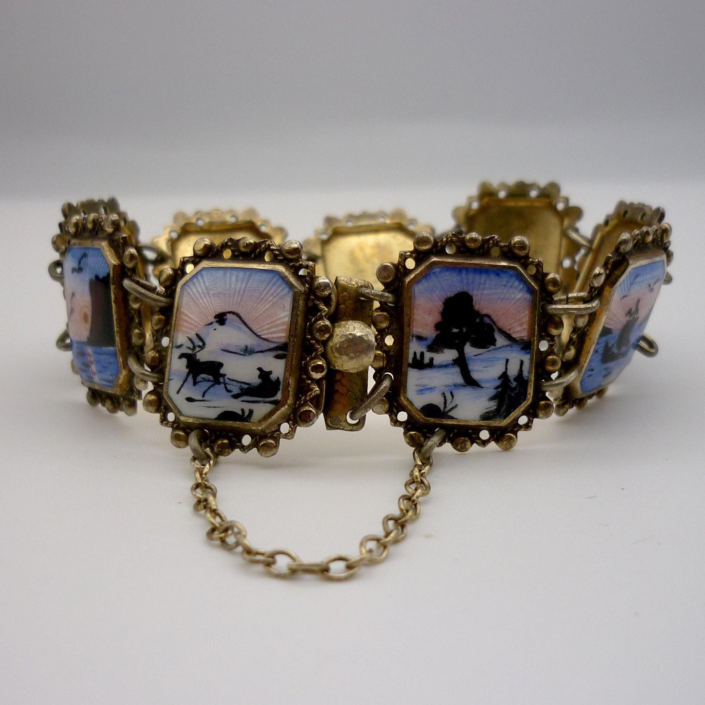 Vintage Norwegian Guilloche Enamel on Silver Miniature Painting Bracelet by Arne Nordlie