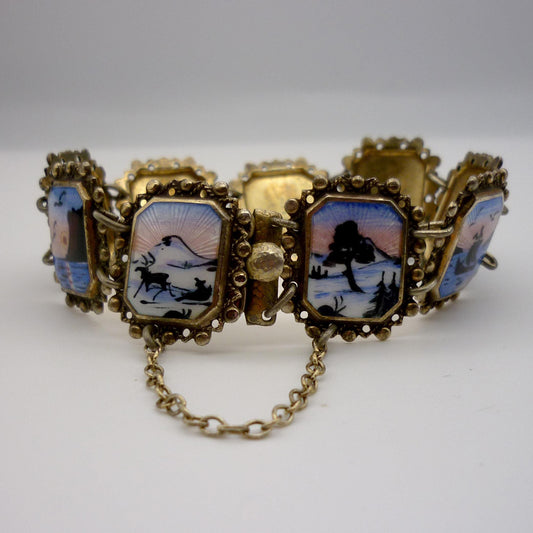 Vintage Norwegian Guilloche Enamel on Silver Miniature Painting Bracelet by Arne Nordlie