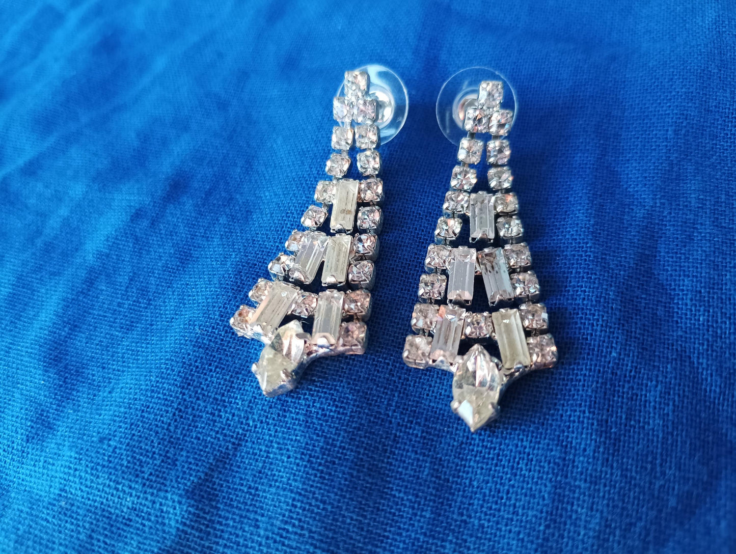 Vintage Rhinestone Dangle Earrings: Silver Plated Chandelier Costume Jewelry
