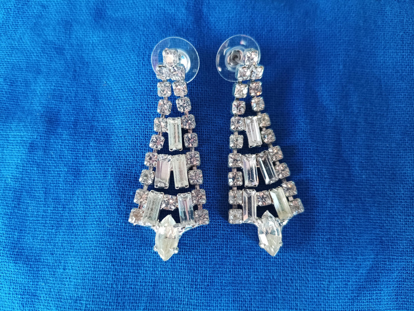 Vintage Rhinestone Dangle Earrings: Silver Plated Chandelier Costume Jewelry