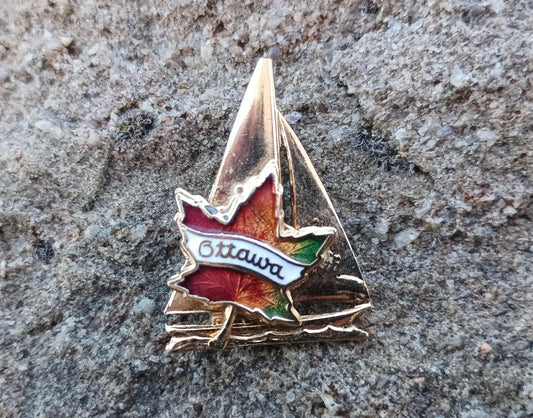 Vintage Ottawa Enamel Pin: Canadian Maple Leaf Sailing Boat Souvenir