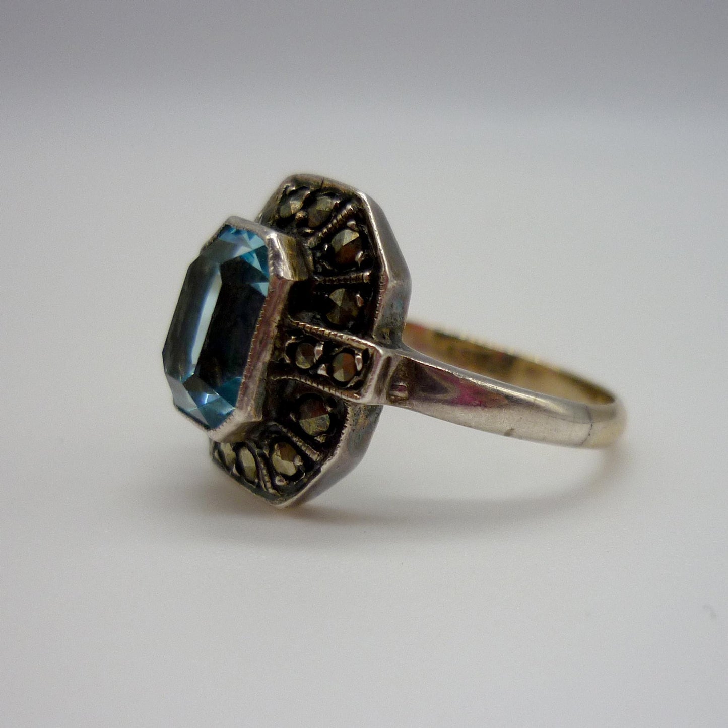 Art Deco Aquamarine & Marcasite Ring Size 5