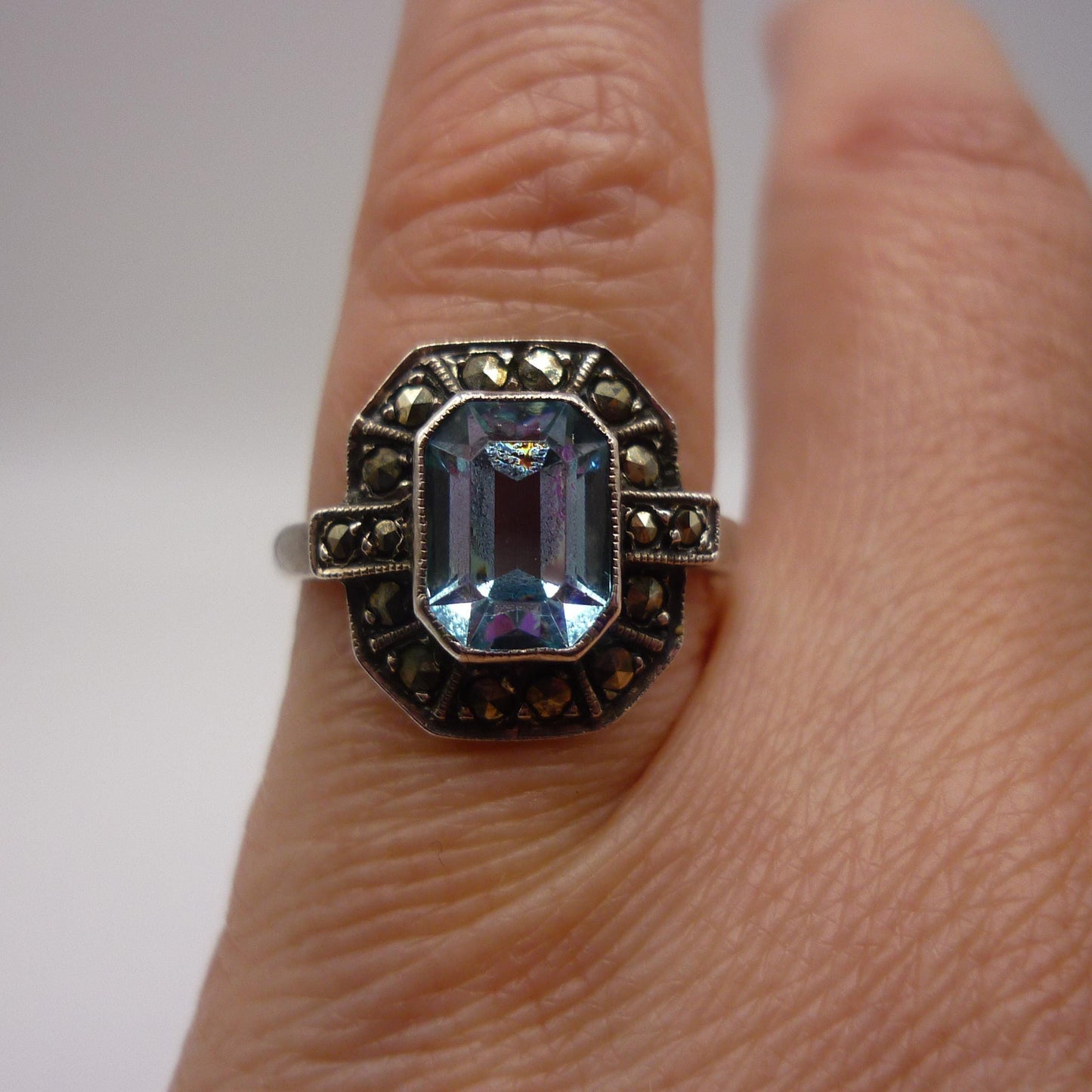 Art Deco Aquamarine & Marcasite Ring Size 5