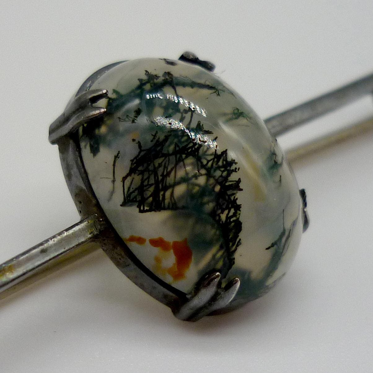 Antique 935 Silver Bar Brooch with Moss Agate Cabochon