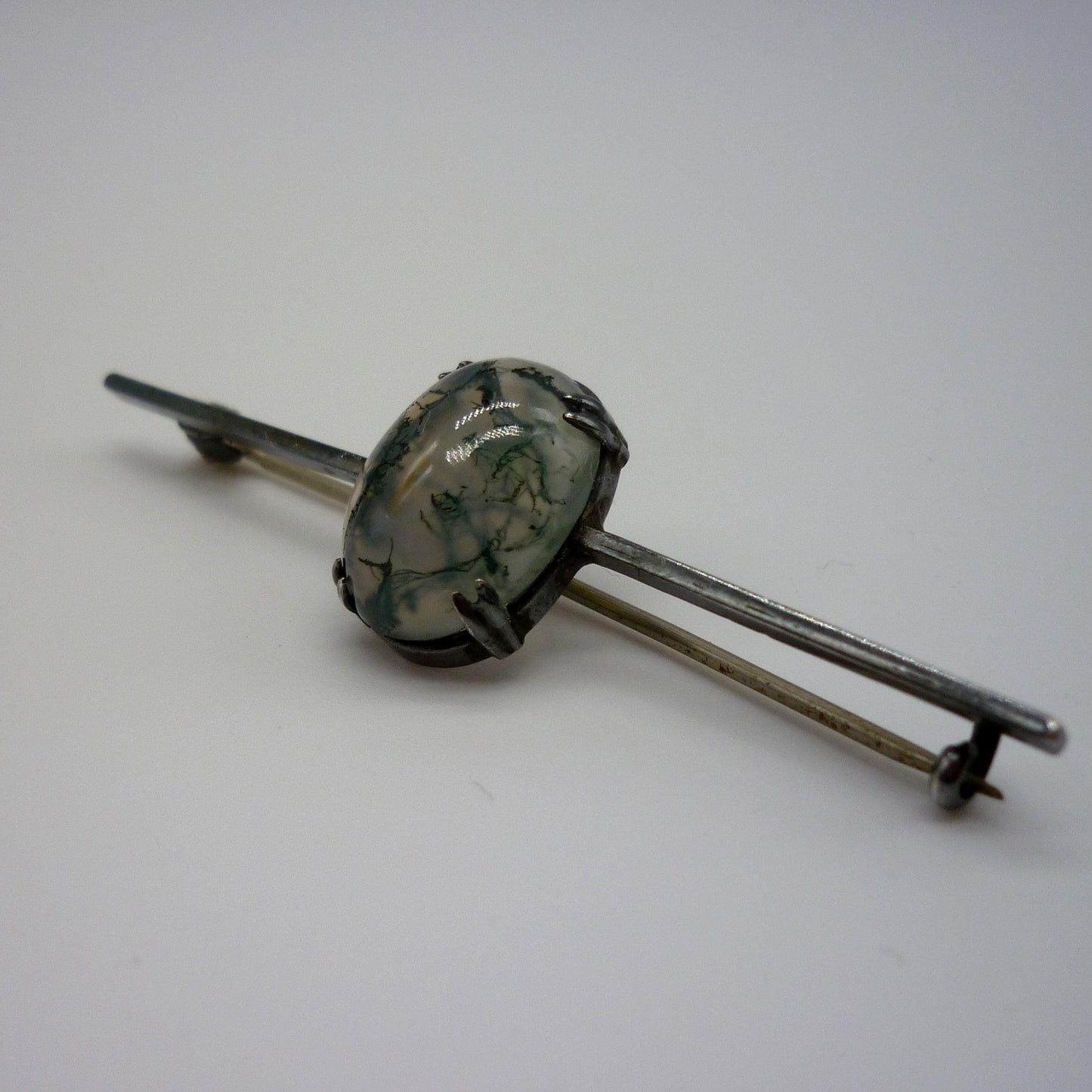 Antique 935 Silver Bar Brooch with Moss Agate Cabochon