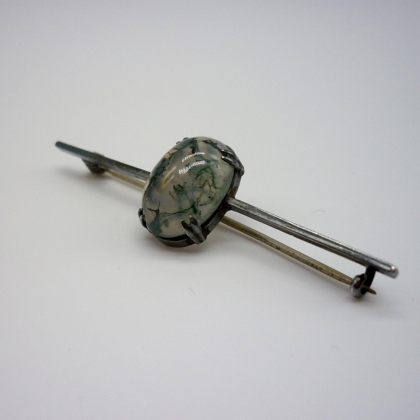 Antique 935 Silver Bar Brooch with Moss Agate Cabochon