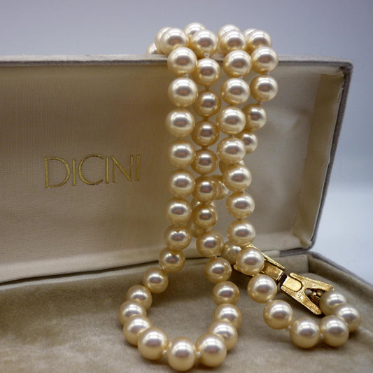 Vintage Dicini Pearl Necklace with Gold Plated Diamante Clasp in Presentation Box