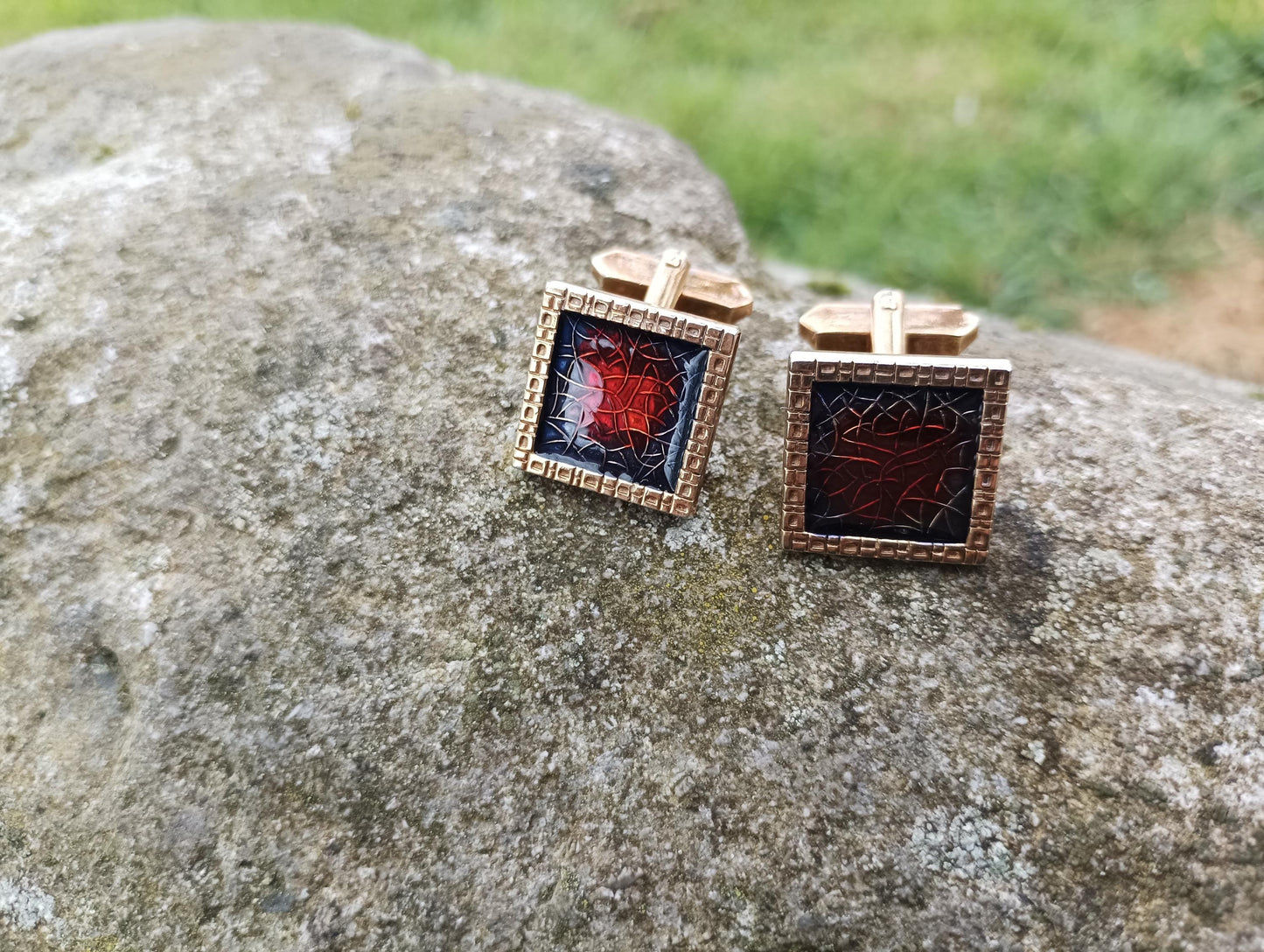 Vintage Gold Plated Cufflinks: Red and Blue Enamel, Sixties Retro Style