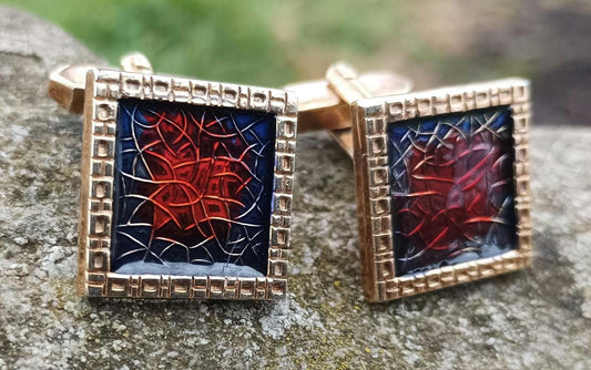 Vintage Gold Plated Cufflinks: Red and Blue Enamel, Sixties Retro Style