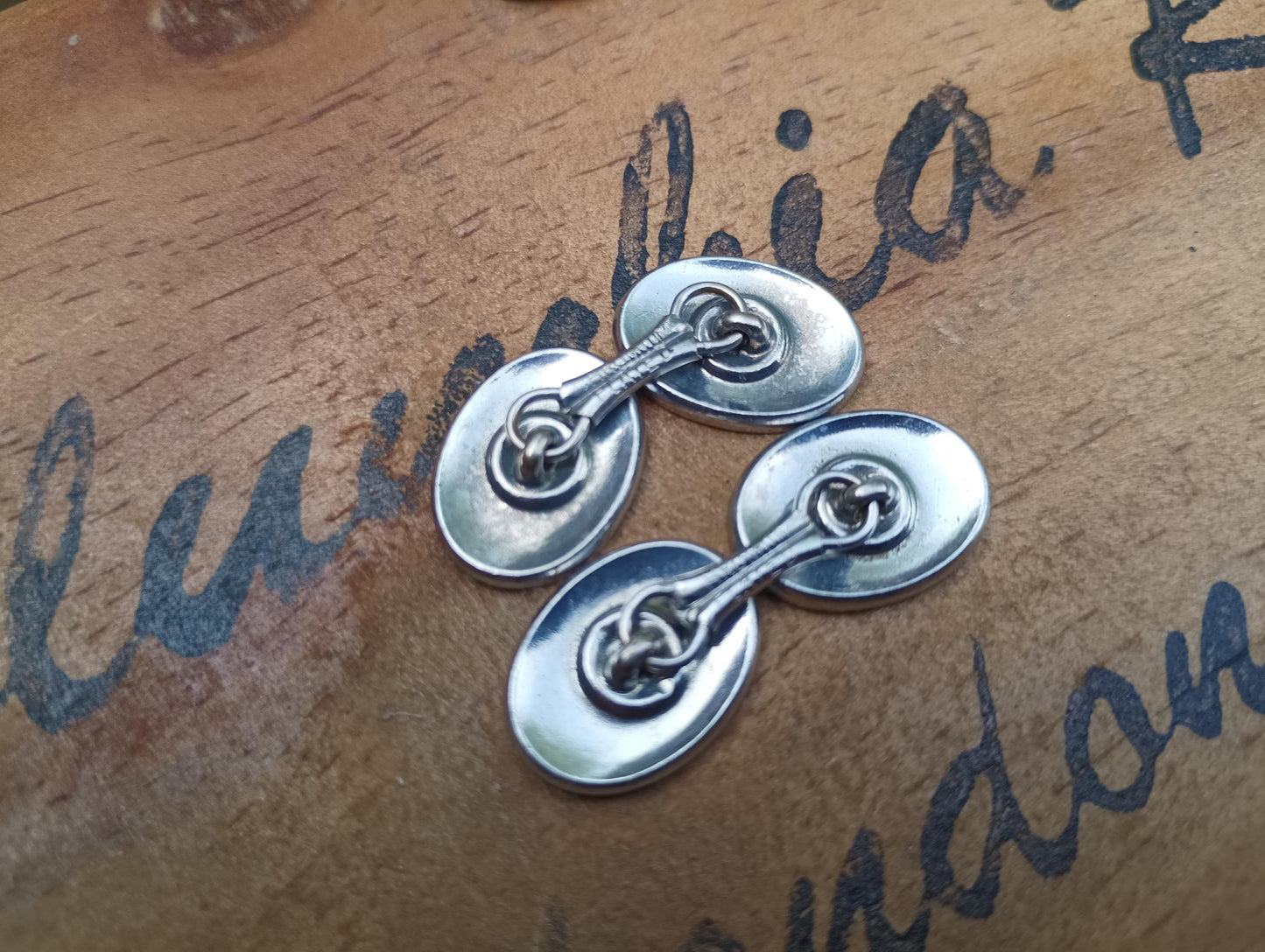 Vintage Art Deco Chrome Plated Cufflinks, 1930s Oval Jewelry