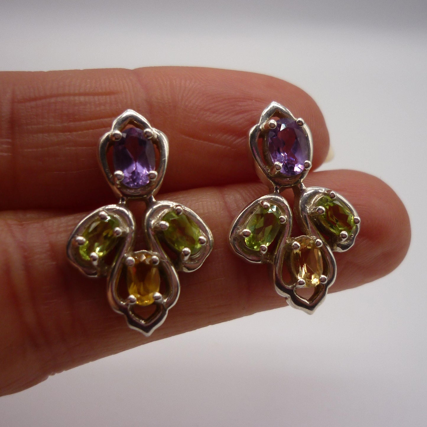 Amethyst, Peridot & Citrine Gemstone Studs, Sterling Silver Multi Stone Earrings