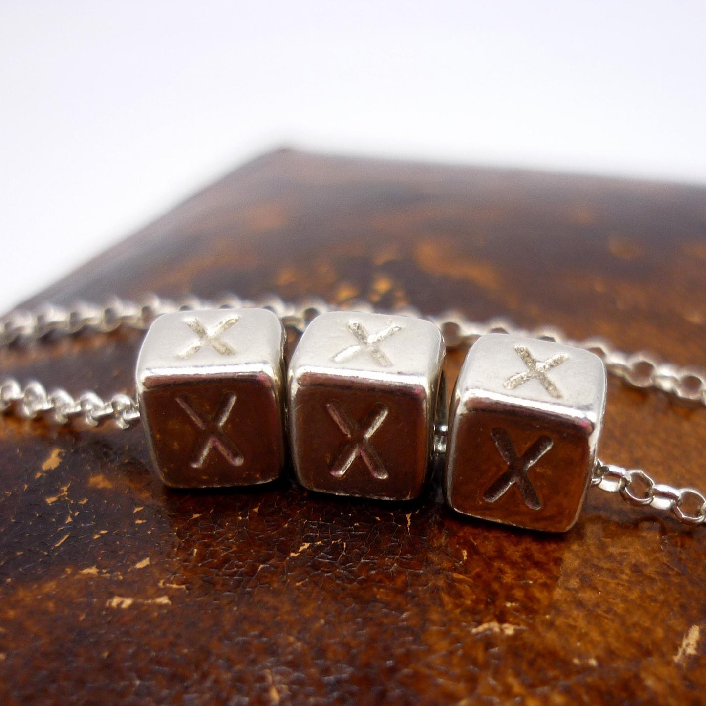 Vintage Sterling Silver Cube Bead Necklace, XXX Triple X Cube Charm Pendant