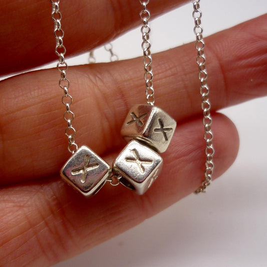 Vintage Sterling Silver Cube Bead Necklace, XXX Triple X Cube Charm Pendant