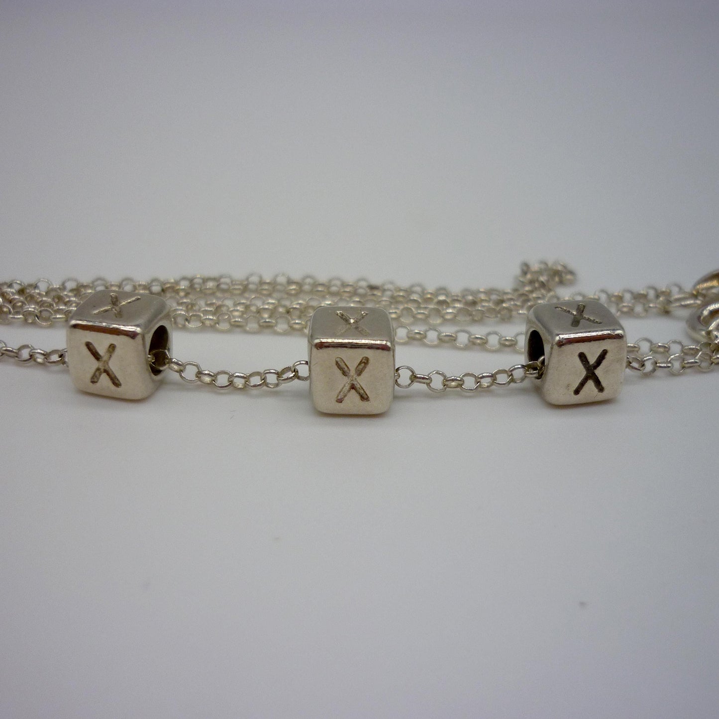Vintage Sterling Silver Cube Bead Necklace, XXX Triple X Cube Charm Pendant