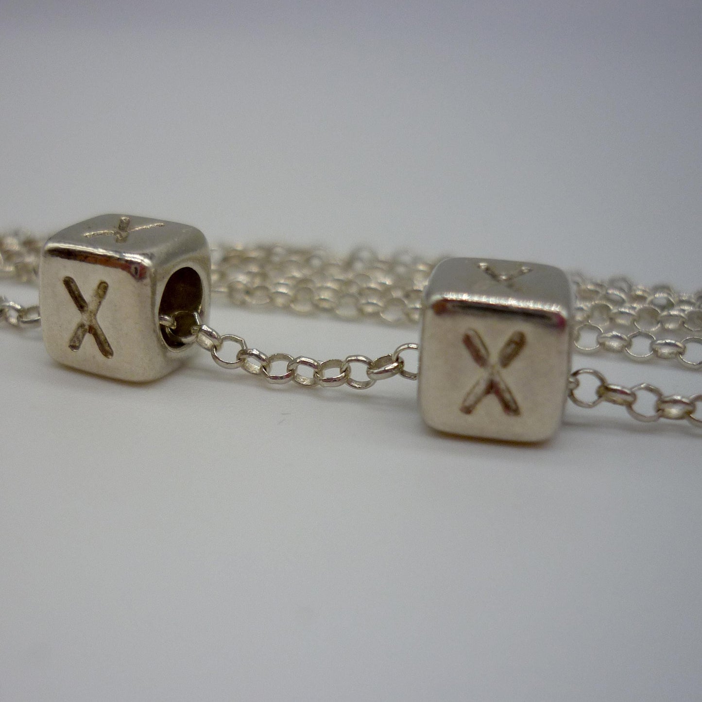 Vintage Sterling Silver Cube Bead Necklace, XXX Triple X Cube Charm Pendant