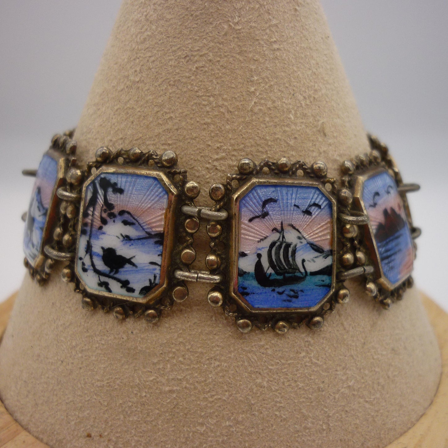 Vintage Norwegian Guilloche Enamel on Silver Miniature Painting Bracelet by Arne Nordlie