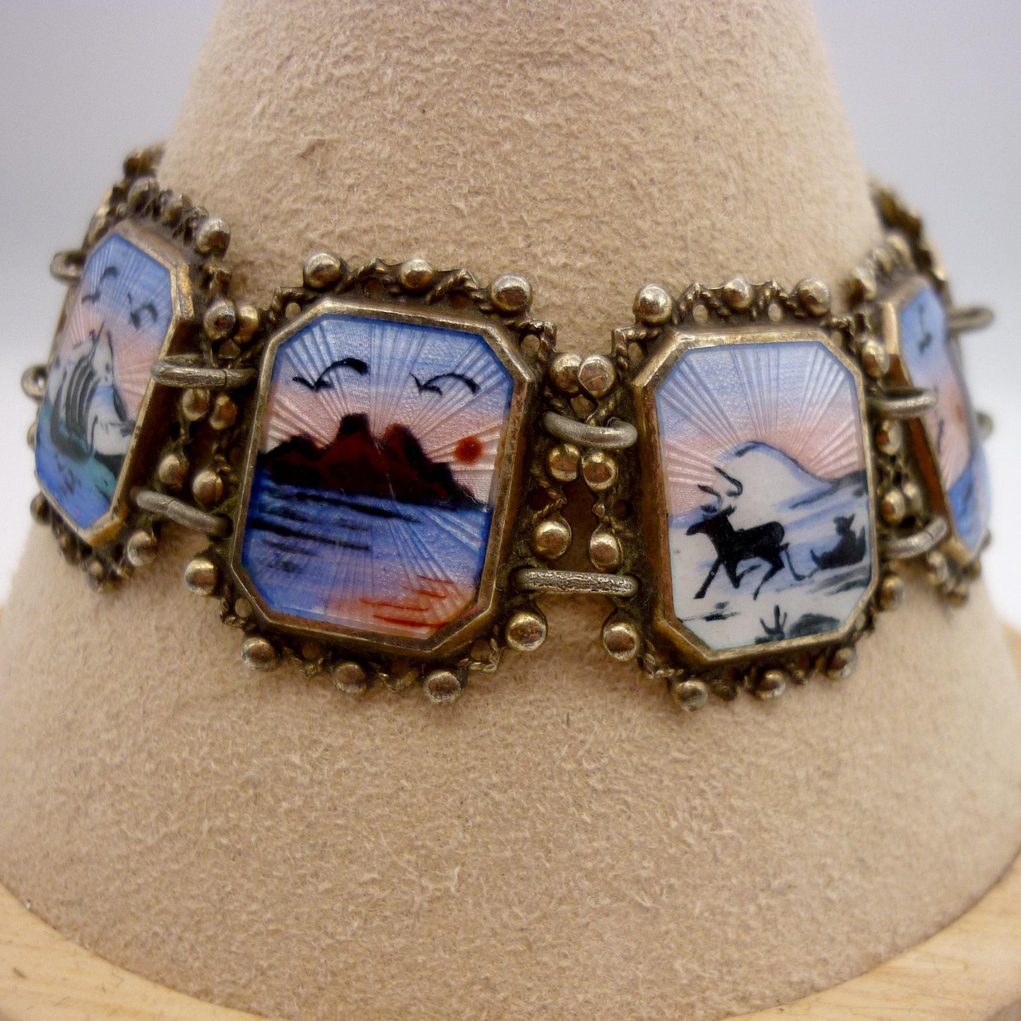Vintage Norwegian Guilloche Enamel on Silver Miniature Painting Bracelet by Arne Nordlie