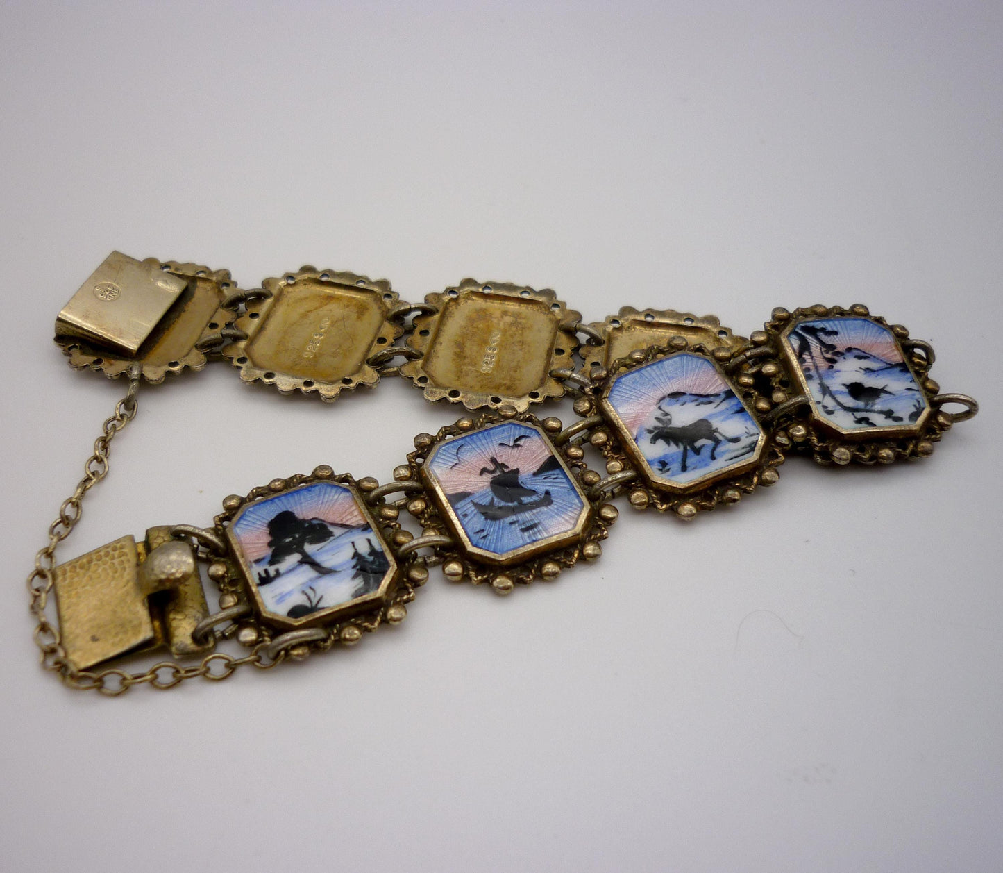Vintage Norwegian Guilloche Enamel on Silver Miniature Painting Bracelet by Arne Nordlie