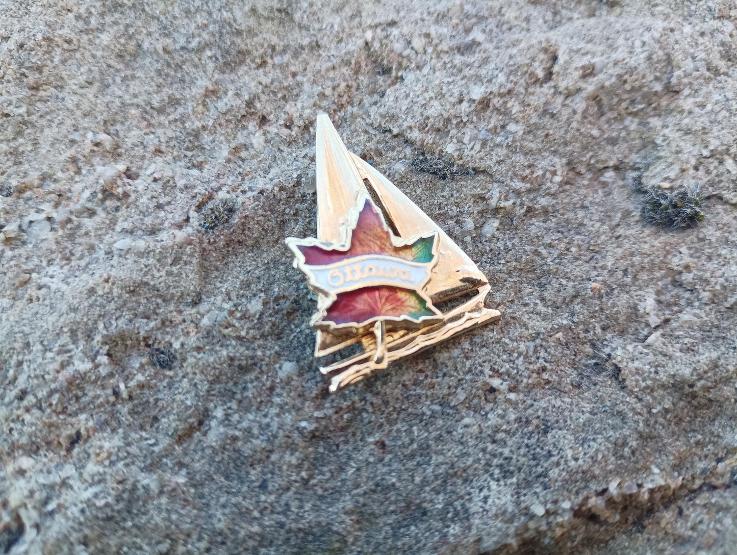 Vintage Ottawa Enamel Pin: Canadian Maple Leaf Sailing Boat Souvenir