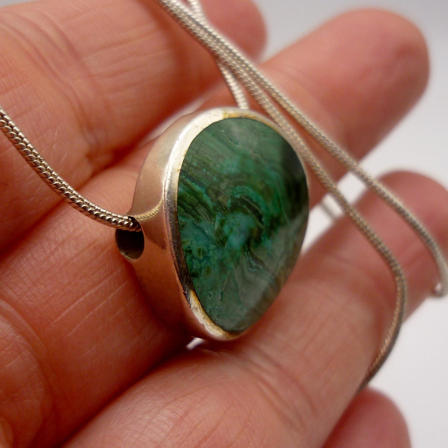 Vintage Sterling Silver & Malachite Orlap Pendant on Snake Chain