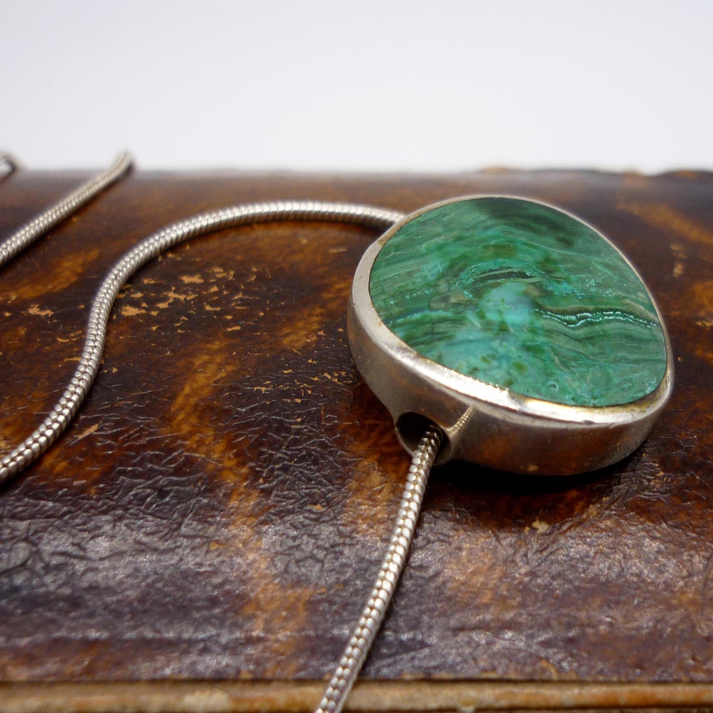 Vintage Sterling Silver & Malachite Orlap Pendant on Snake Chain