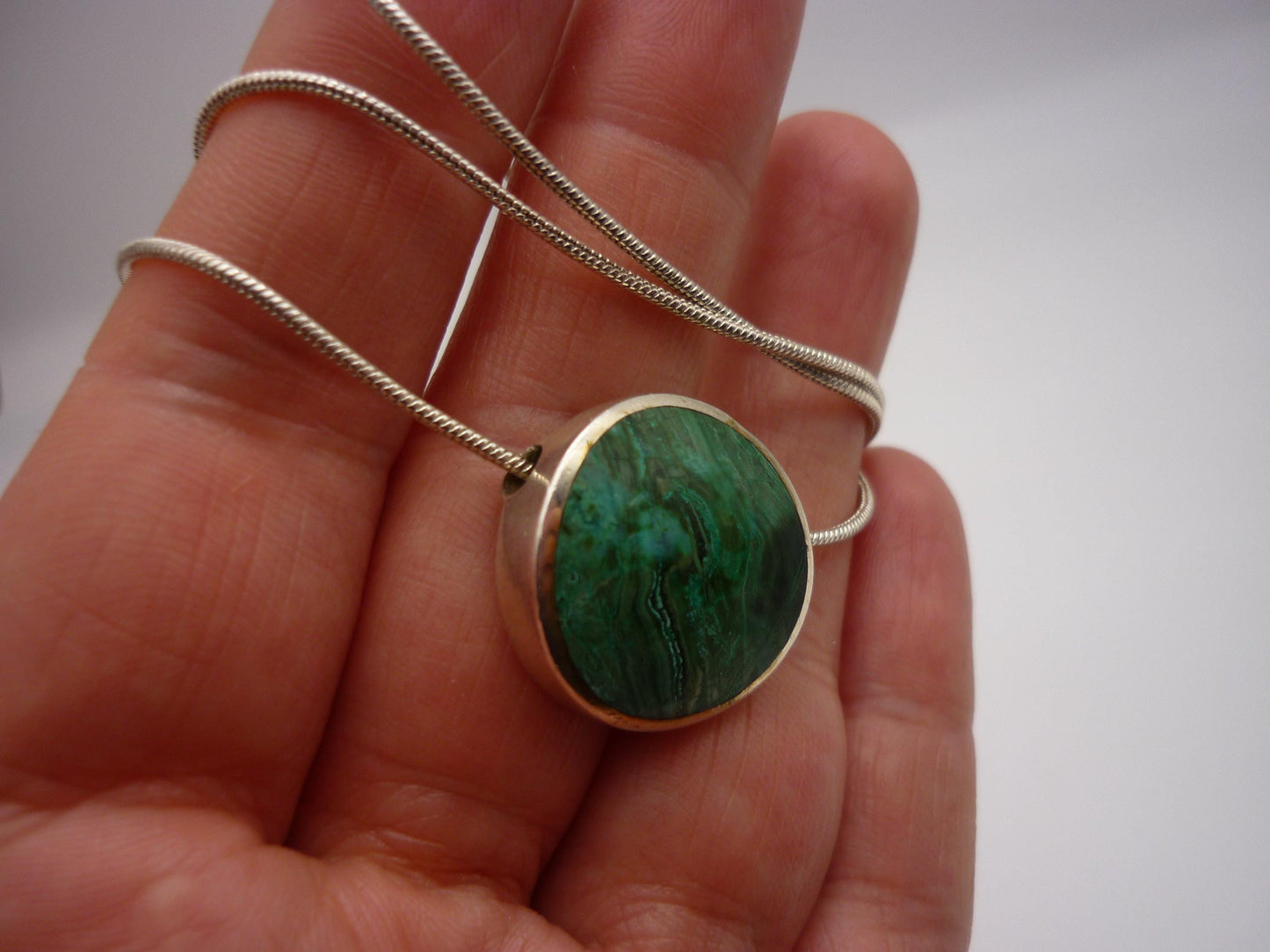 Vintage Sterling Silver & Malachite Orlap Pendant on Snake Chain