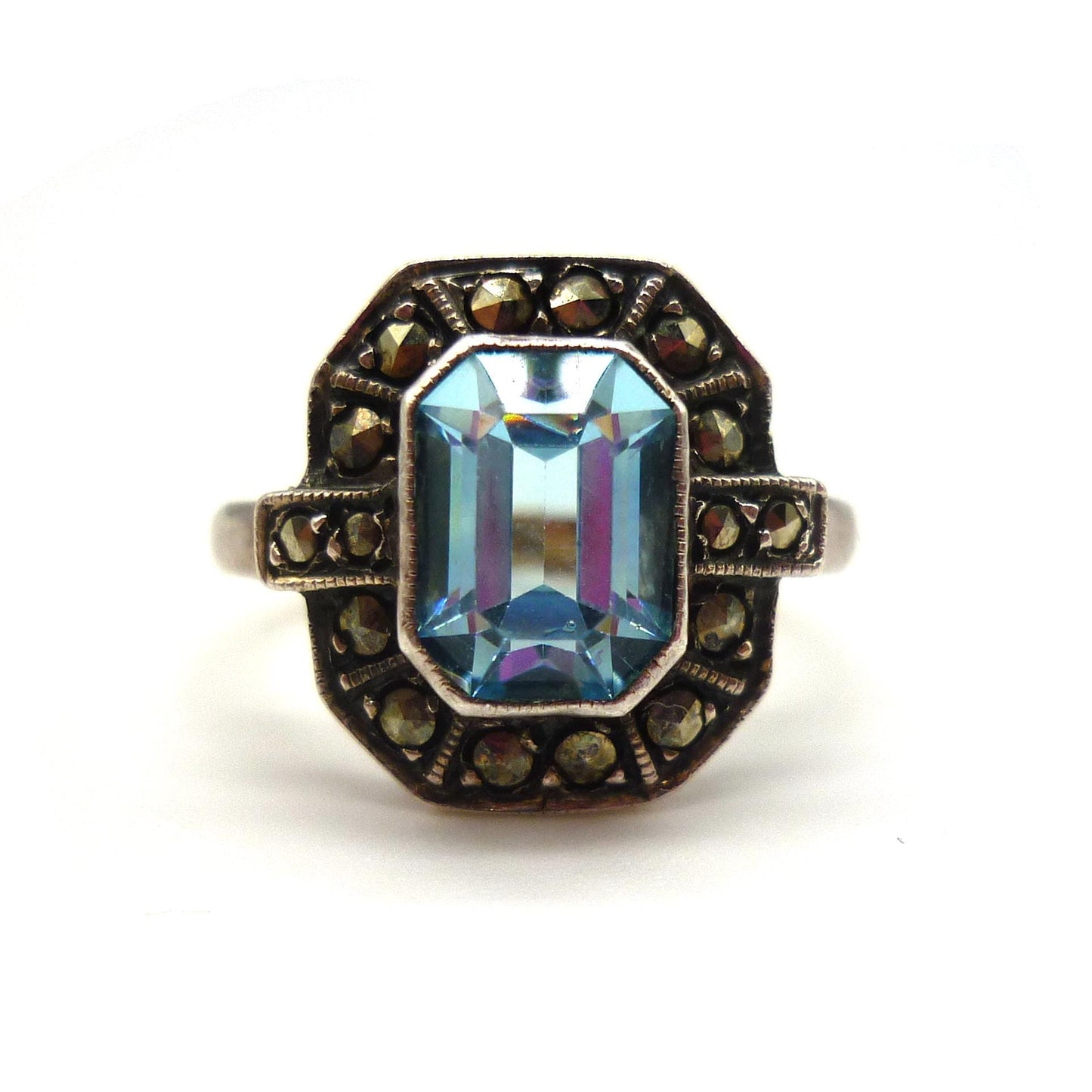Art Deco Aquamarine & Marcasite Ring Size 5