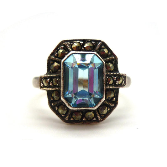 Art Deco Aquamarine & Marcasite Ring Size 5