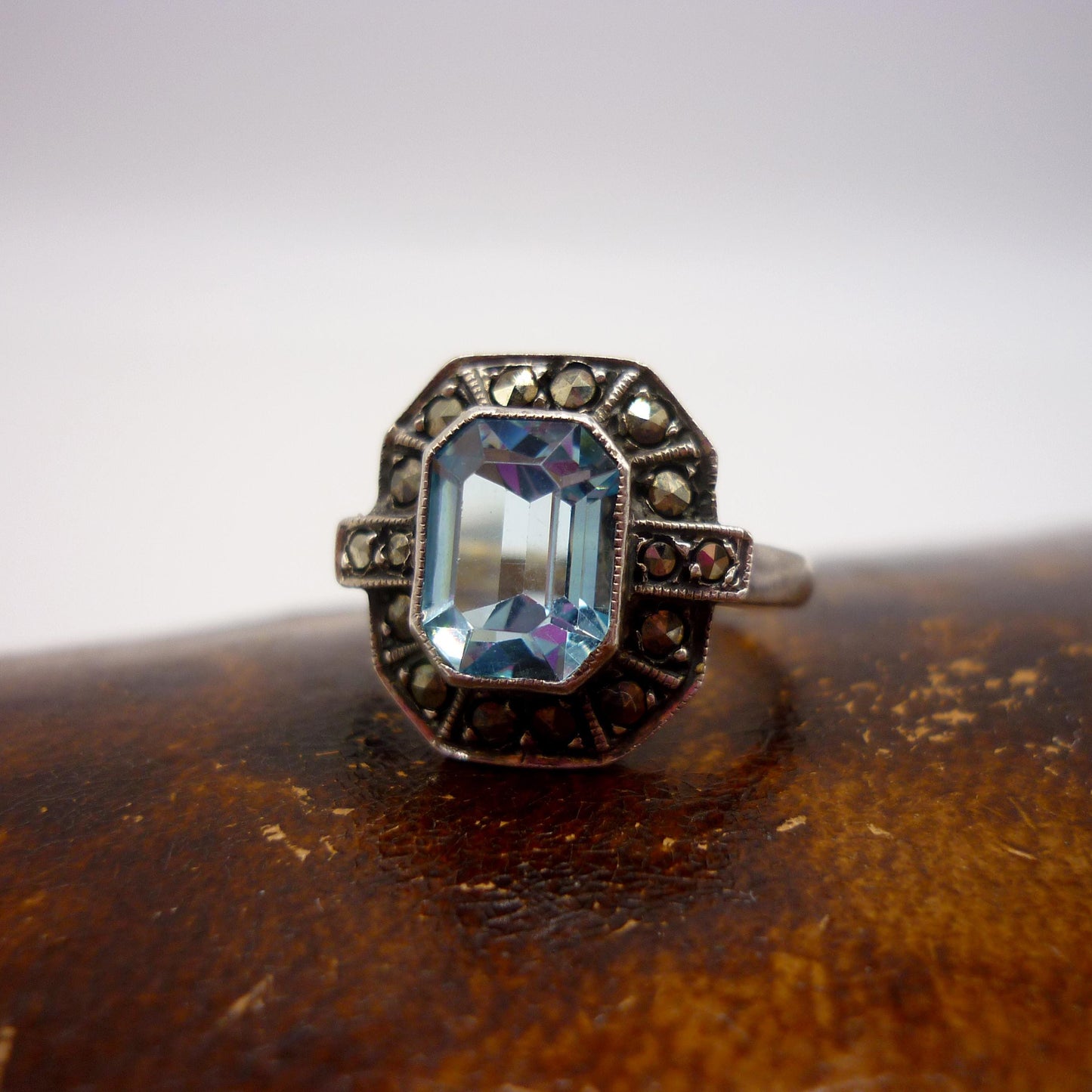 Art Deco Aquamarine & Marcasite Ring Size 5