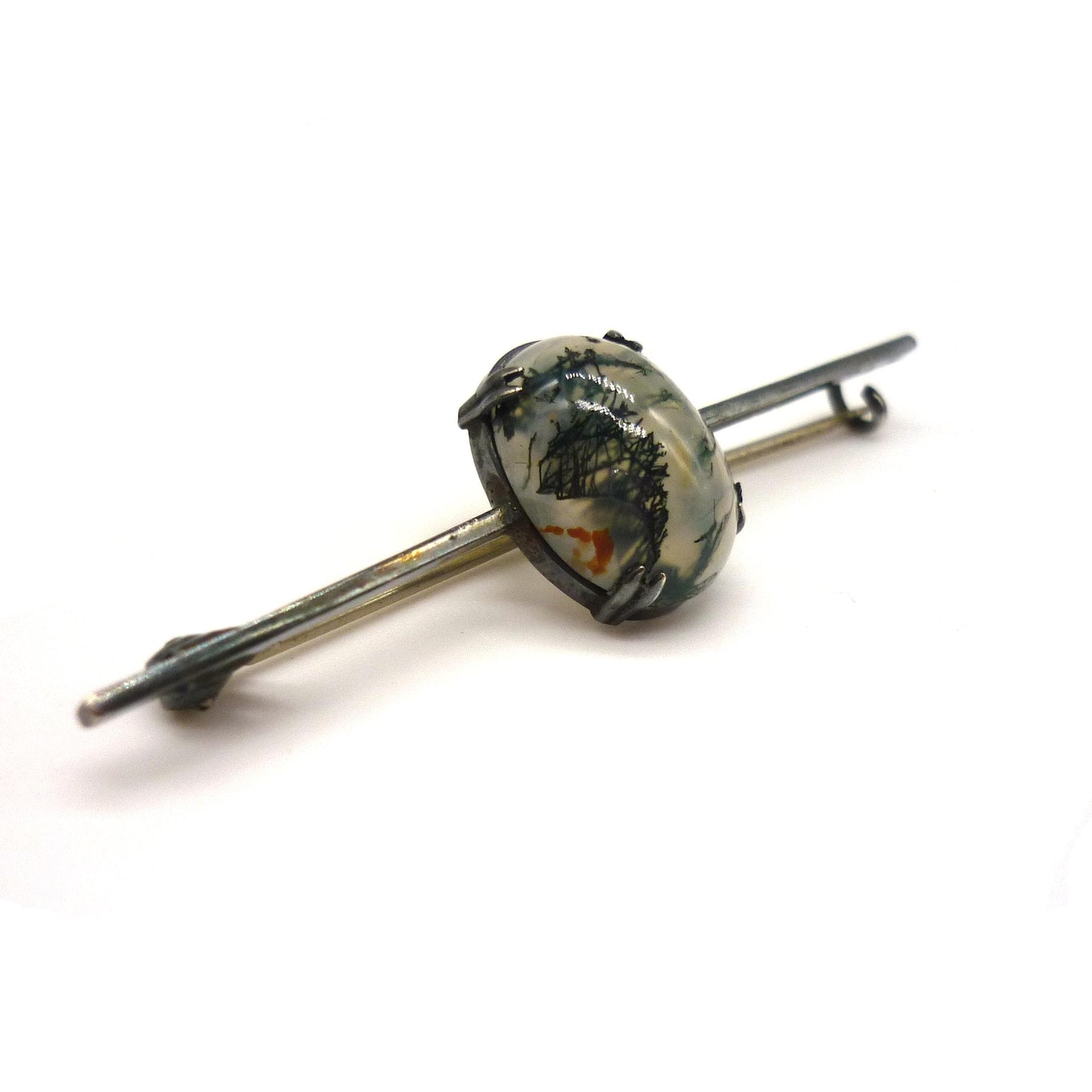 Antique 935 Silver Bar Brooch with Moss Agate Cabochon