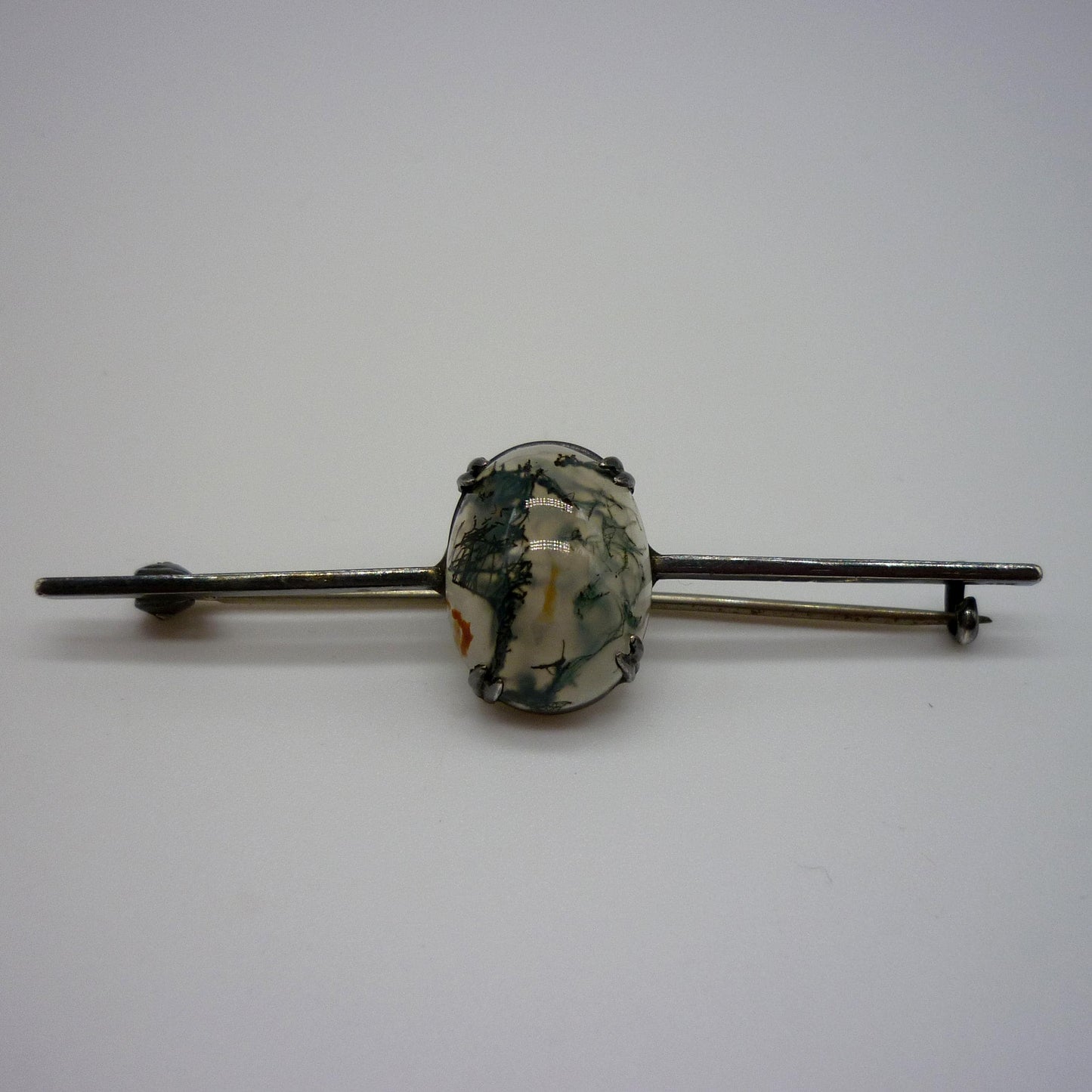 Antique 935 Silver Bar Brooch with Moss Agate Cabochon