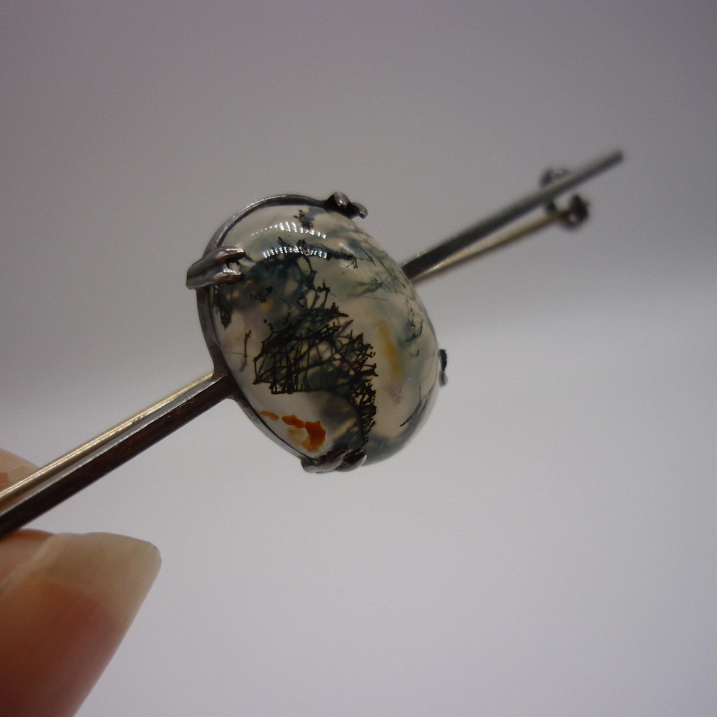 Antique 935 Silver Bar Brooch with Moss Agate Cabochon