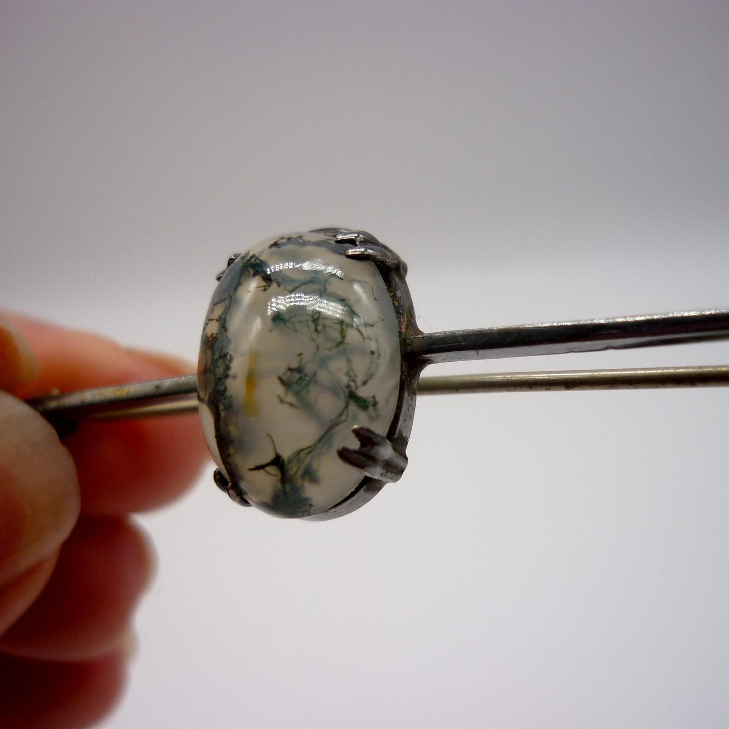 Antique 935 Silver Bar Brooch with Moss Agate Cabochon