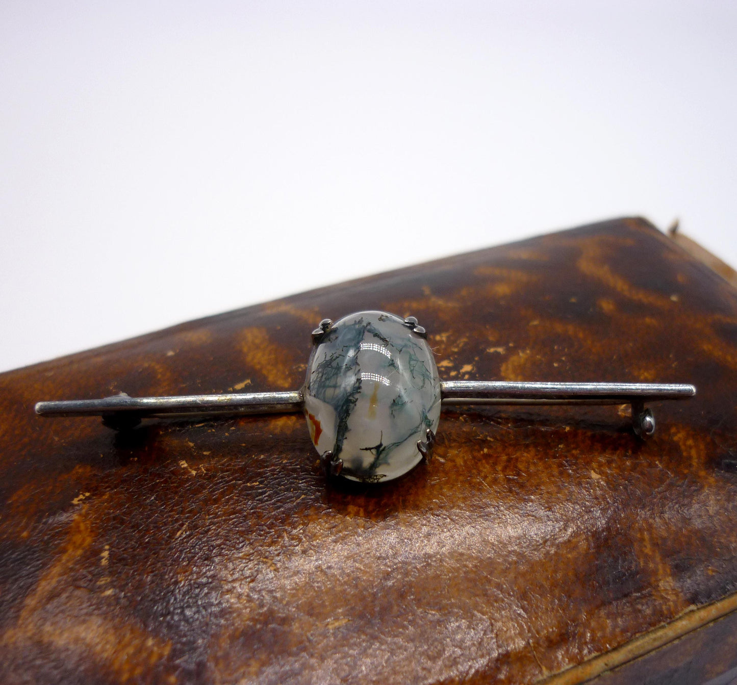 Antique 935 Silver Bar Brooch with Moss Agate Cabochon