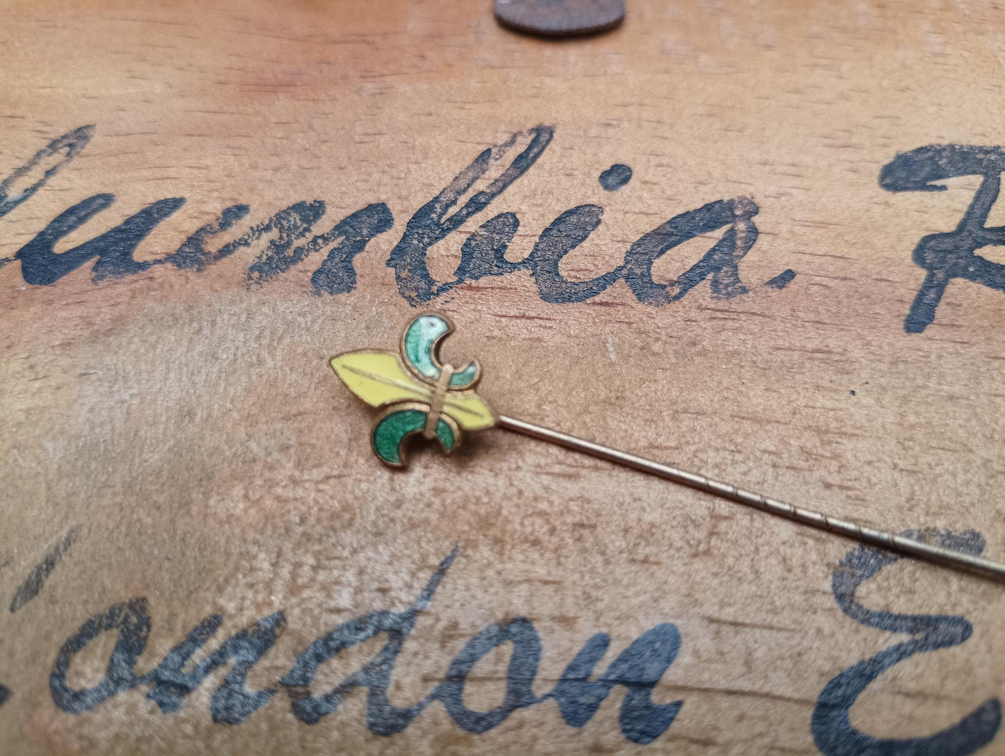 Vintage Brass Fleur De Lis Stick Pin: Enameled Lapel Brooch