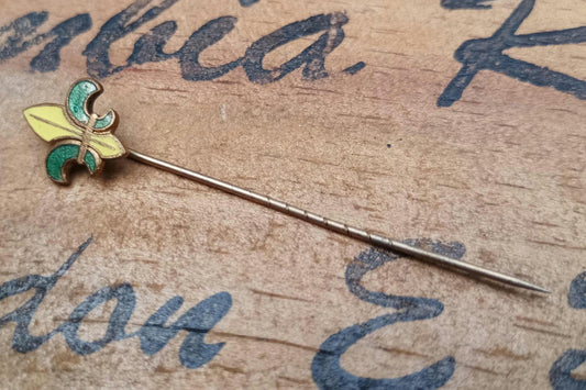 Vintage Brass Fleur De Lis Stick Pin: Enameled Lapel Brooch