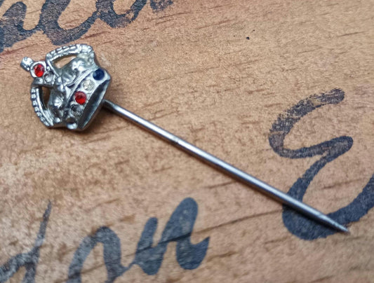 Vintage Crown Stick Pin: Silver Tone Red White Blue Rhinestones