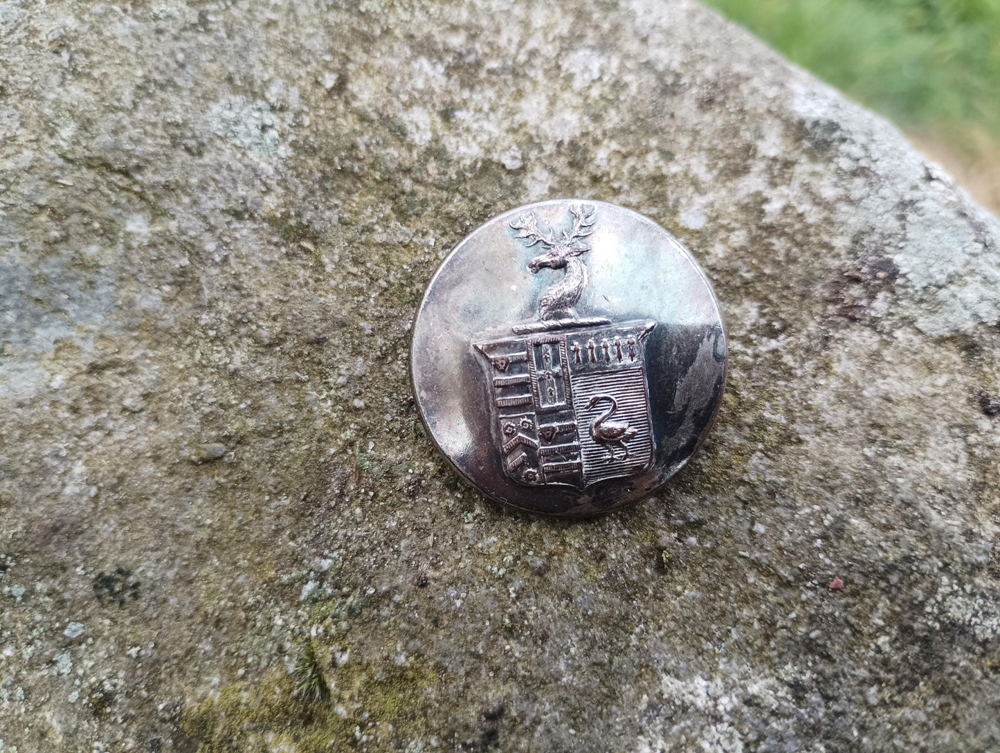 Victorian Livery Button Brooch: Antique Silver Stag & Swan Heraldry Pin