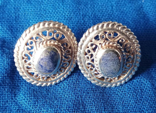 Vintage Lapis Lazuli Silver Earrings: Filigree Boho Jewelry