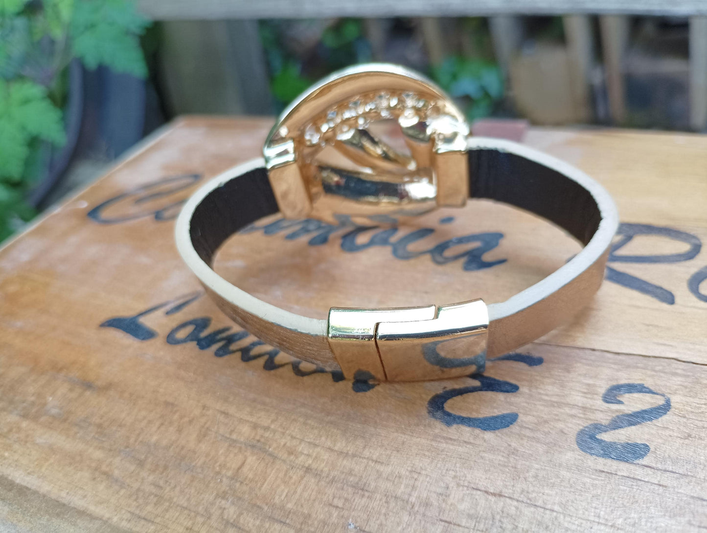 Vintage 1980s Bangle Bracelet: Retro Magnetic Clasp, Peach Rhinestones