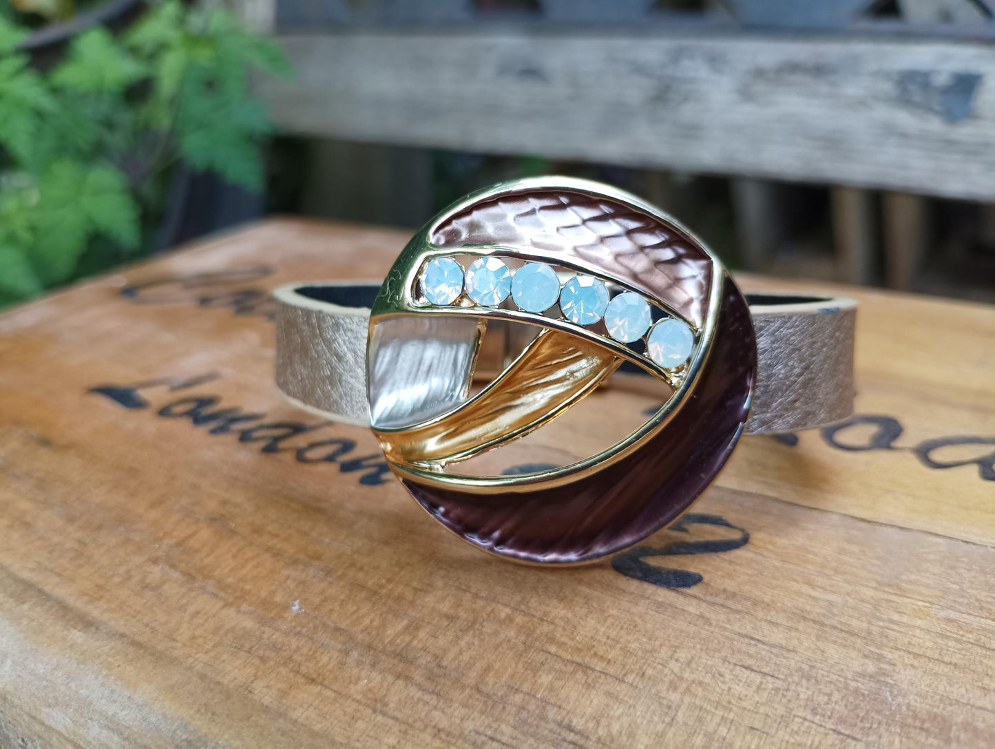 Vintage 1980s Bangle Bracelet: Retro Magnetic Clasp, Peach Rhinestones