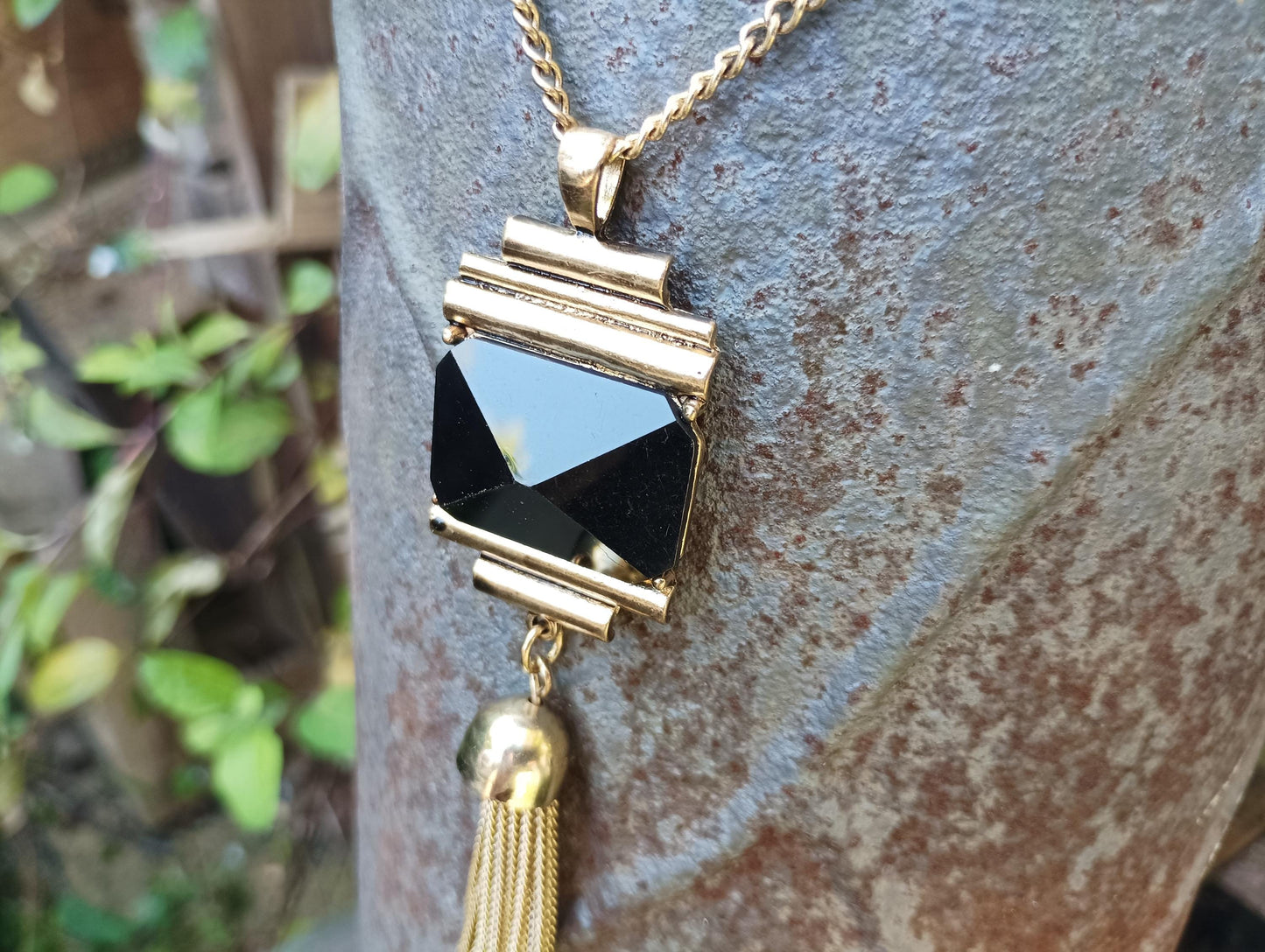 Vintage Gold Tone Black Glass Pyramid Tassel Necklace