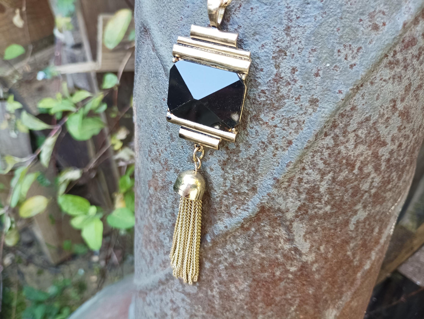 Vintage Gold Tone Black Glass Pyramid Tassel Necklace