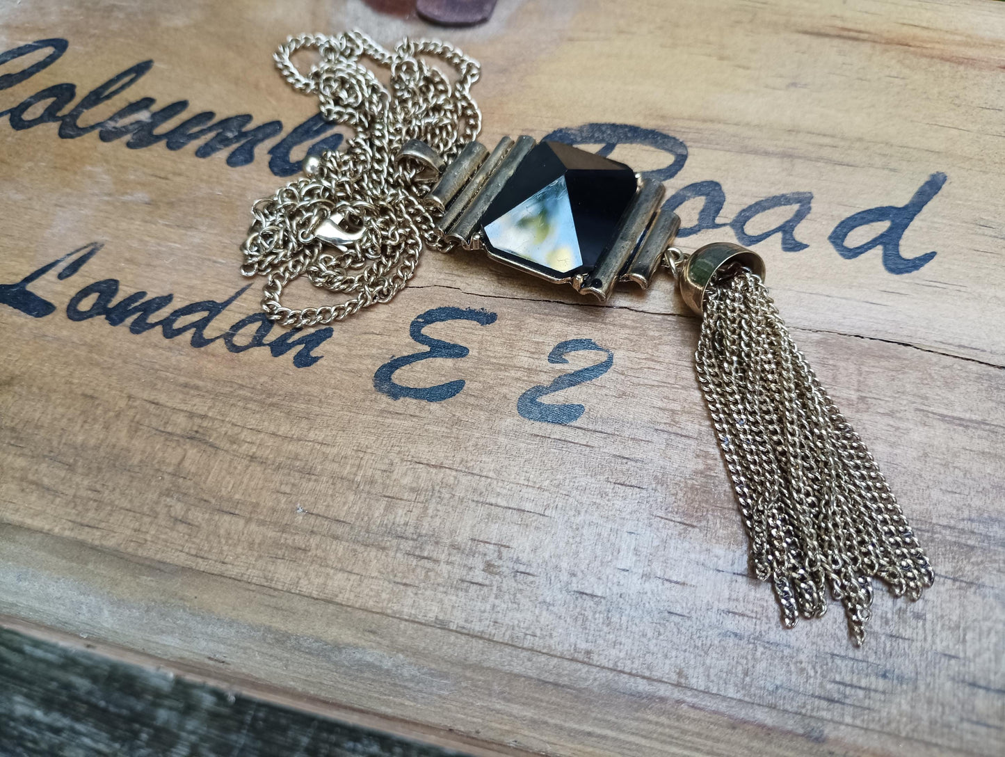 Vintage Gold Tone Black Glass Pyramid Tassel Necklace