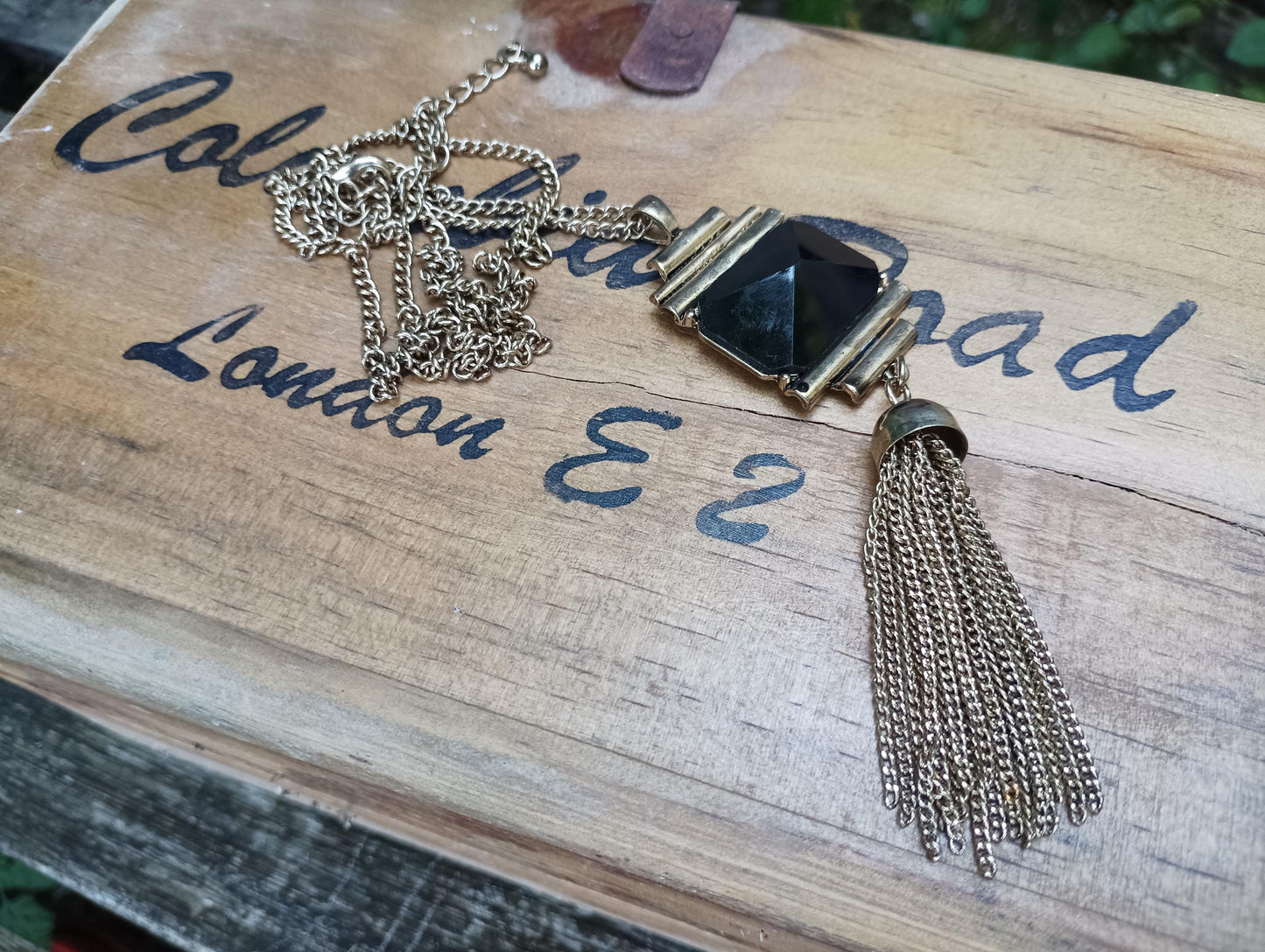 Vintage Gold Tone Black Glass Pyramid Tassel Necklace