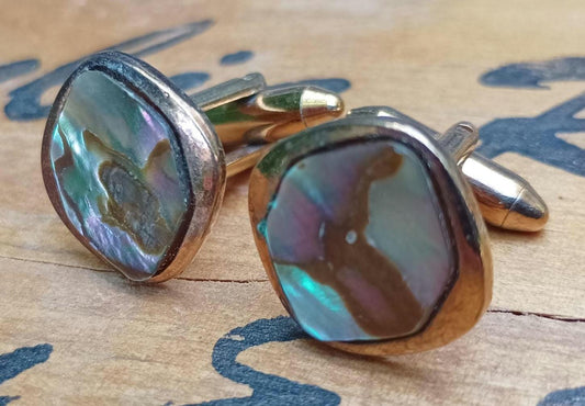 Vintage 1960s Sophos Abalone Cufflinks: Gold Plated Retro Jewelry