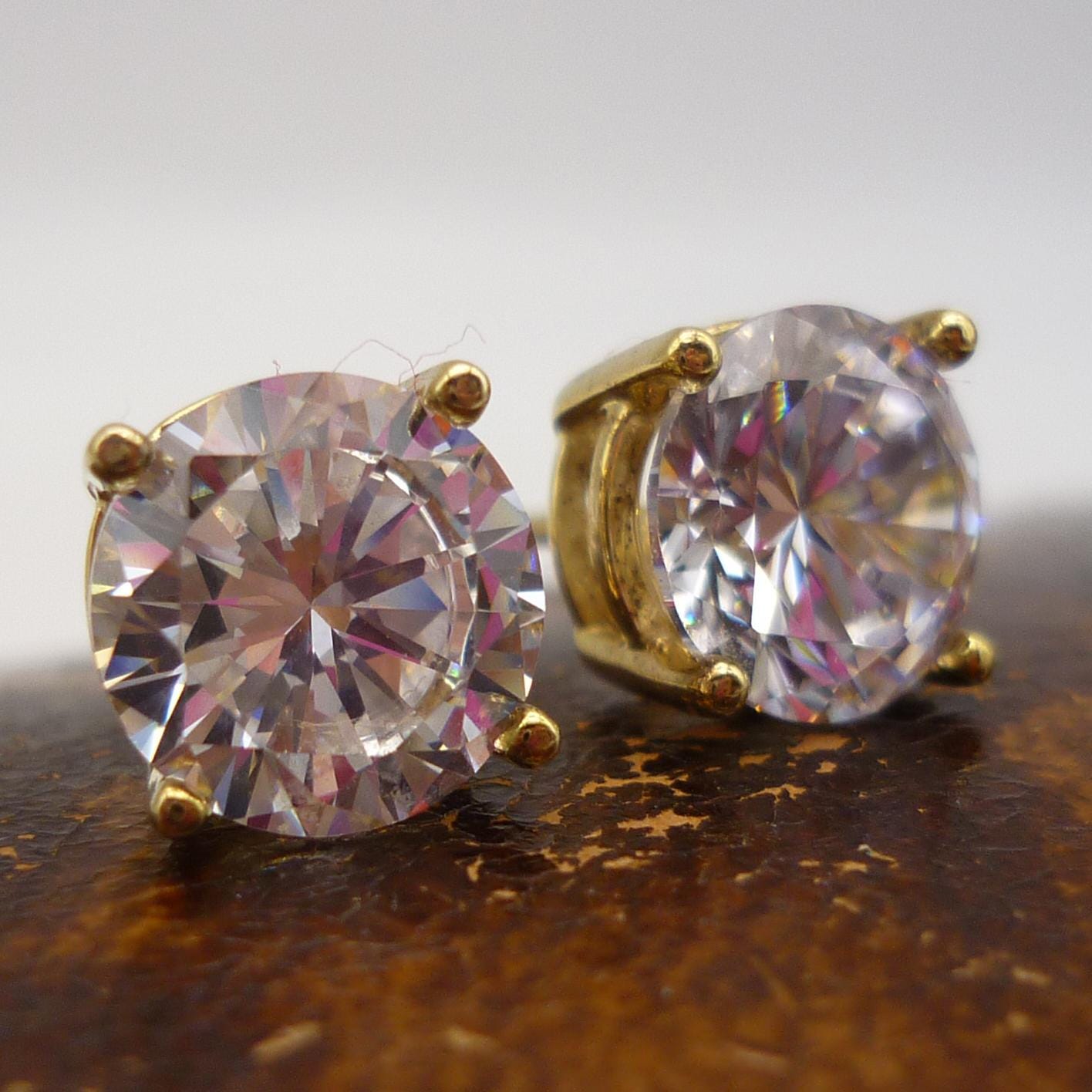 Gold Plated Sterling Silver Simulated Diamond Stud Earrings, Cubic Zirconia Studs