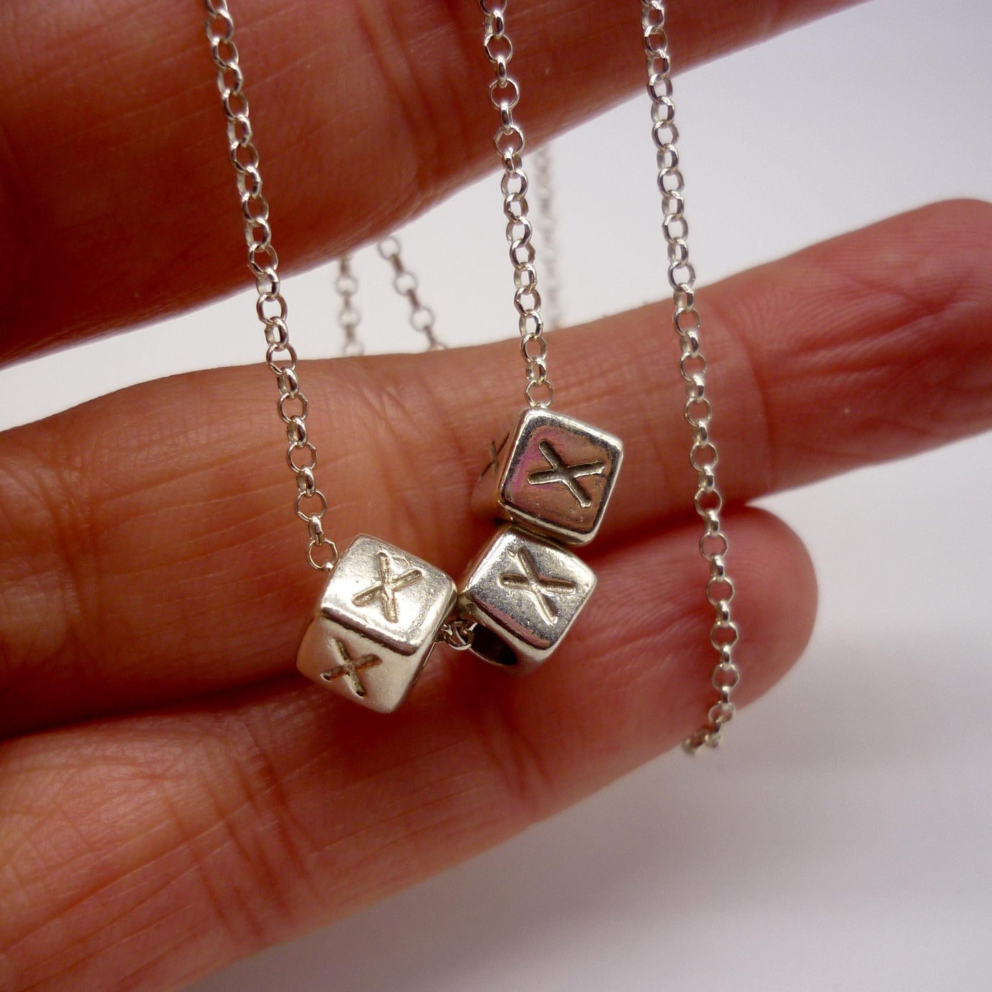 Vintage Sterling Silver Cube Bead Necklace, XXX Triple X Cube Charm Pendant