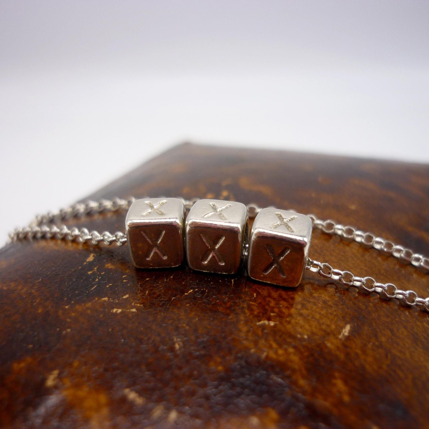 Vintage Sterling Silver Cube Bead Necklace, XXX Triple X Cube Charm Pendant