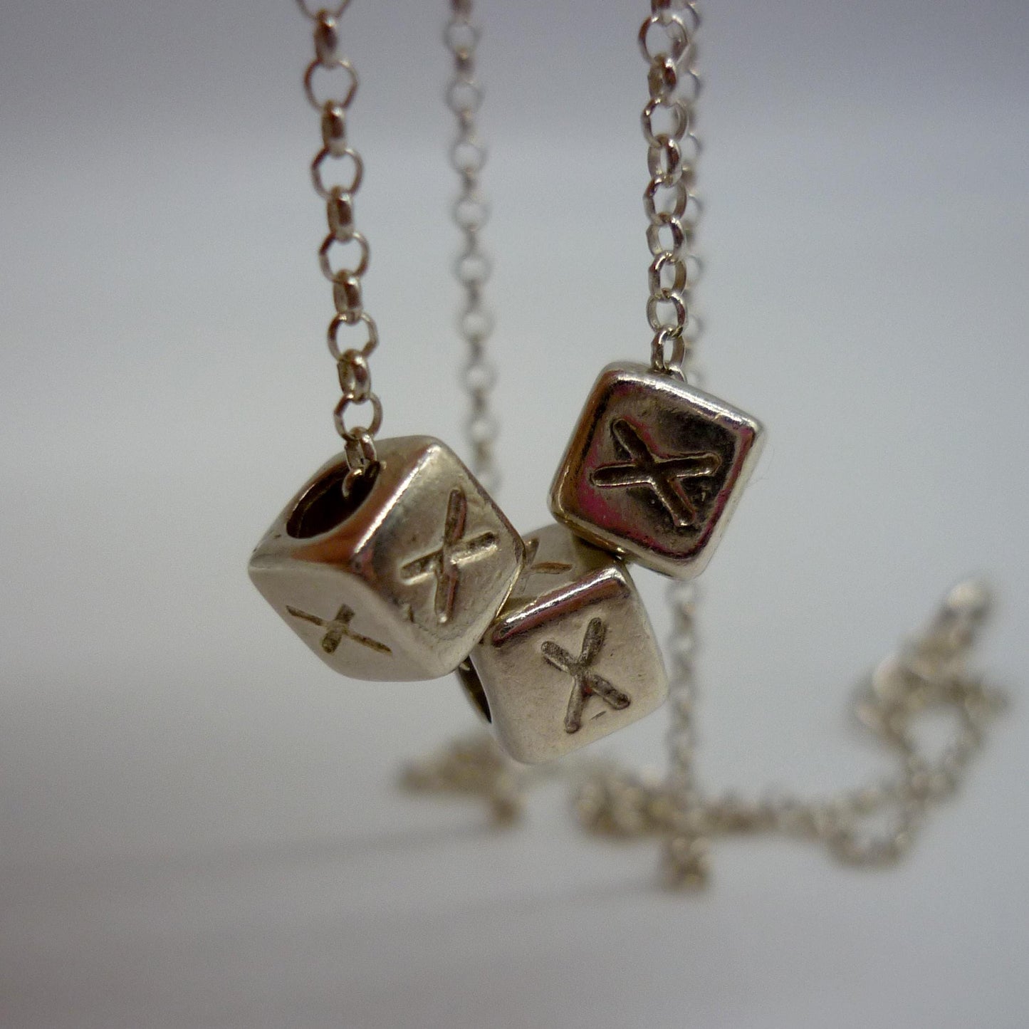 Vintage Sterling Silver Cube Bead Necklace, XXX Triple X Cube Charm Pendant